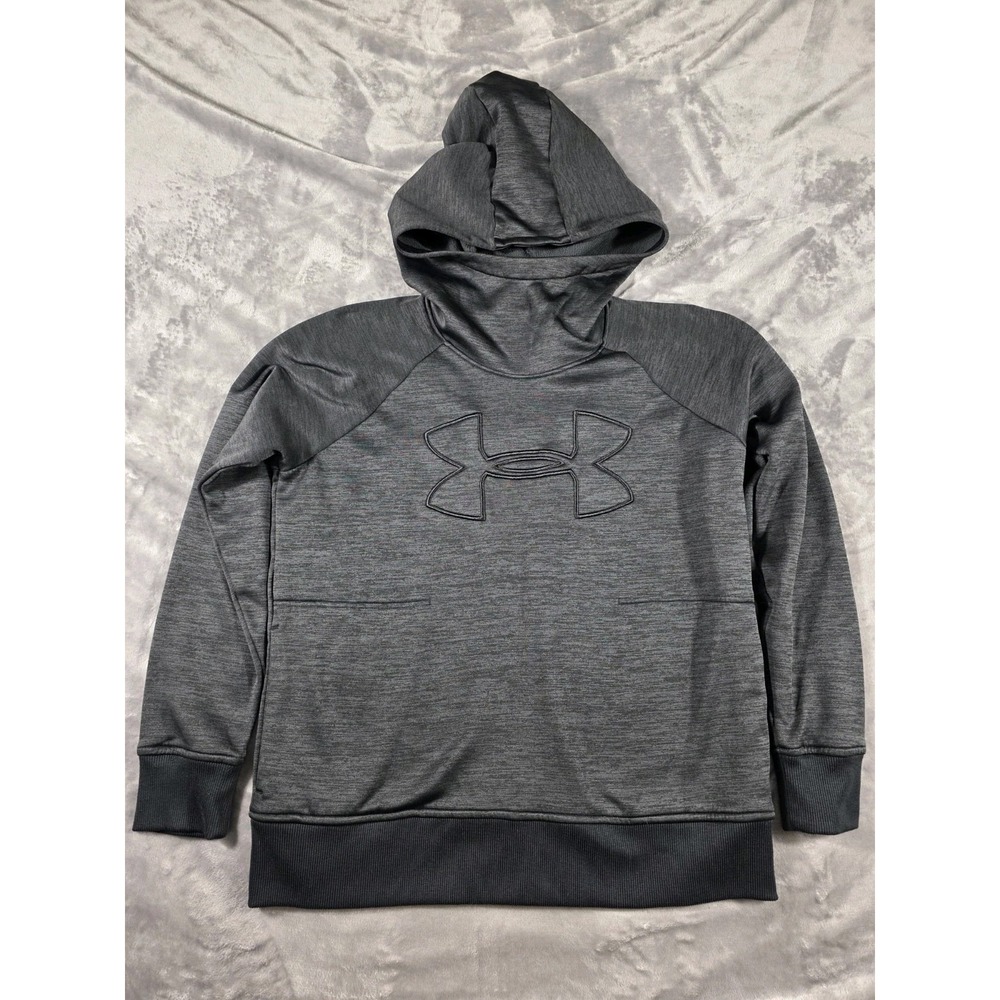 UNDER ARMOUR ColdGear Heather Black BIG Logo Funnel Neck Fleece Hoodie W/pocket